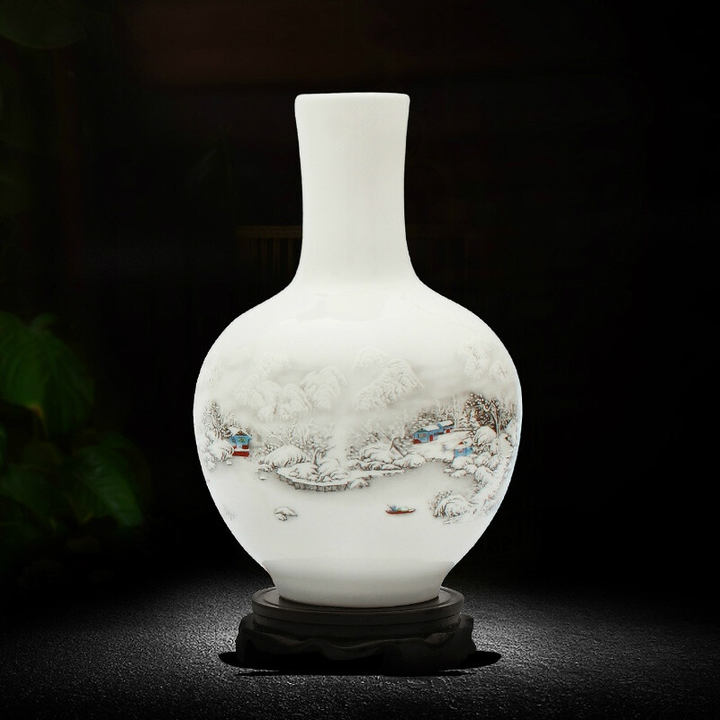 景德鎮陶瓷器花瓶 家居飾品擺件插花器客廳裝飾工藝品aj137*L 雪景天球瓶(不含底座)